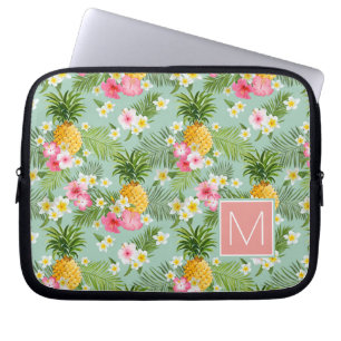 Tropical Flowers & Pineapples Add Your Initial Laptop Sleeve