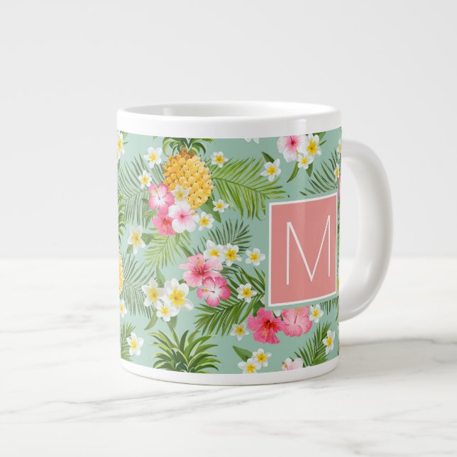 Tropical Flowers & Pineapples | Add Your Initial Large Coffee Mug (Front Right)