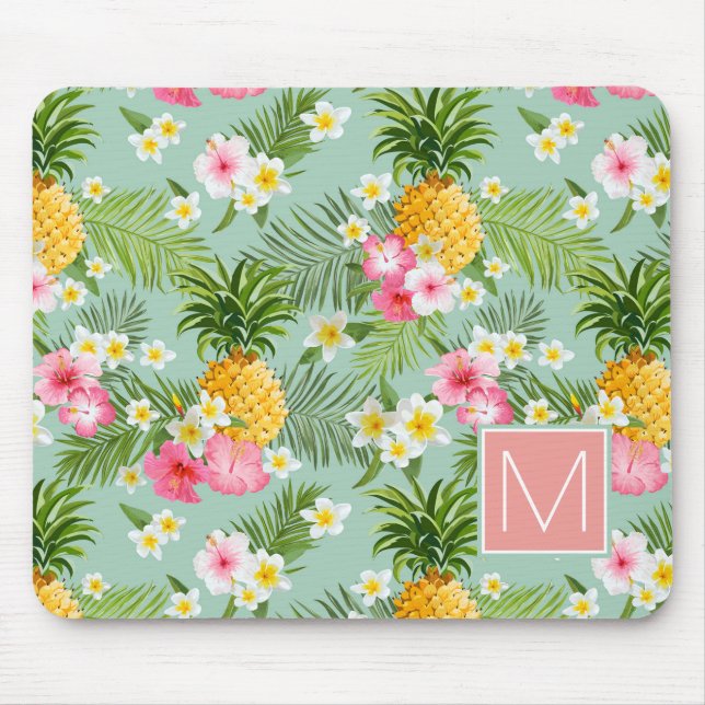 Tropical Flowers & Pineapples | Add Your Initial Mouse Mat (Front)