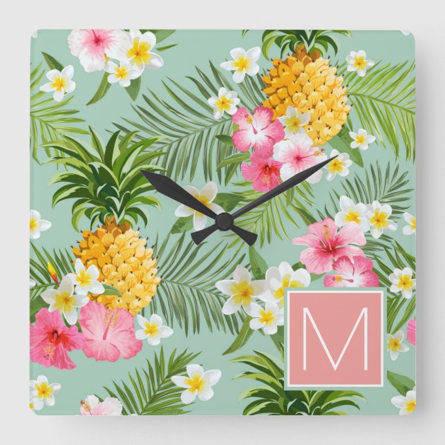 Tropical Flowers & Pineapples | Add Your Initial Square Wall Clock (Front)