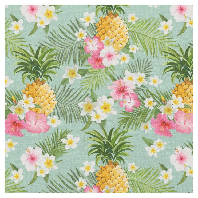 Tropical Flowers & Pineapples Fabric (Close Up)