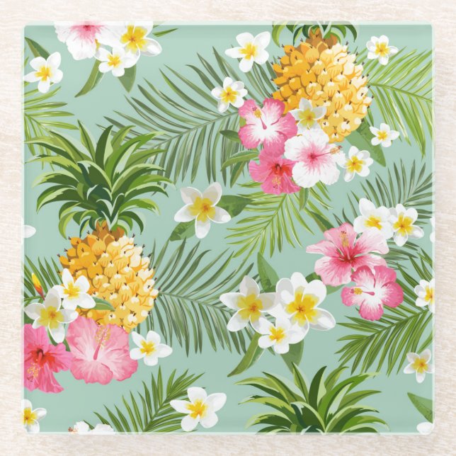 Tropical Flowers & Pineapples Glass Coaster (Front)