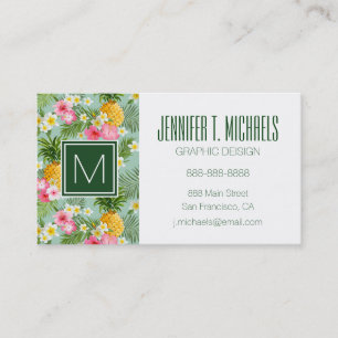 Tropical Flowers & Pineapples   Monogram Business Card