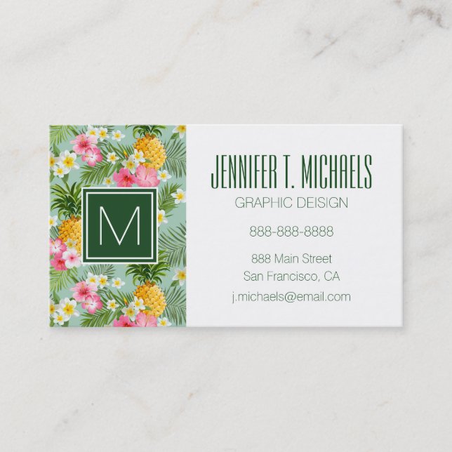 Tropical Flowers & Pineapples | Monogram Business Card (Front)