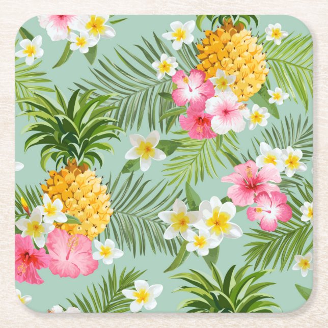 Tropical Flowers & Pineapples Square Paper Coaster (Front)