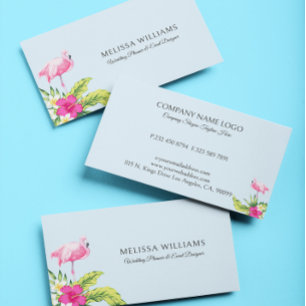 Tropical Flowers & Pink Flamingo On Blue Business Card