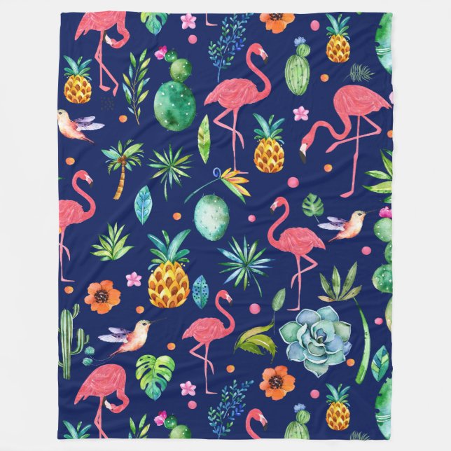 Tropical Flowers & Pink Flamingos Illustration Fleece Blanket (Front)