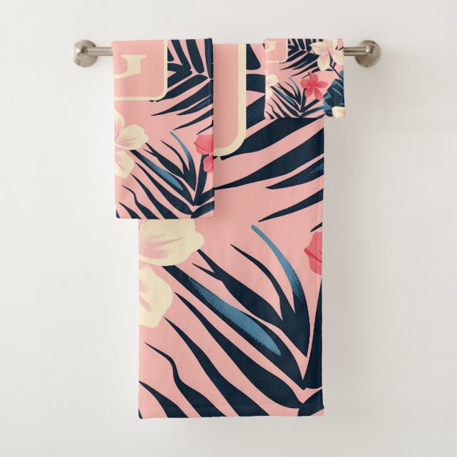Tropical flowers pink personalised Monogram Bath Towel Set (Insitu)