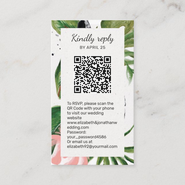 Tropical flowers QR Code online RSVP Enclosure  Card (Front)