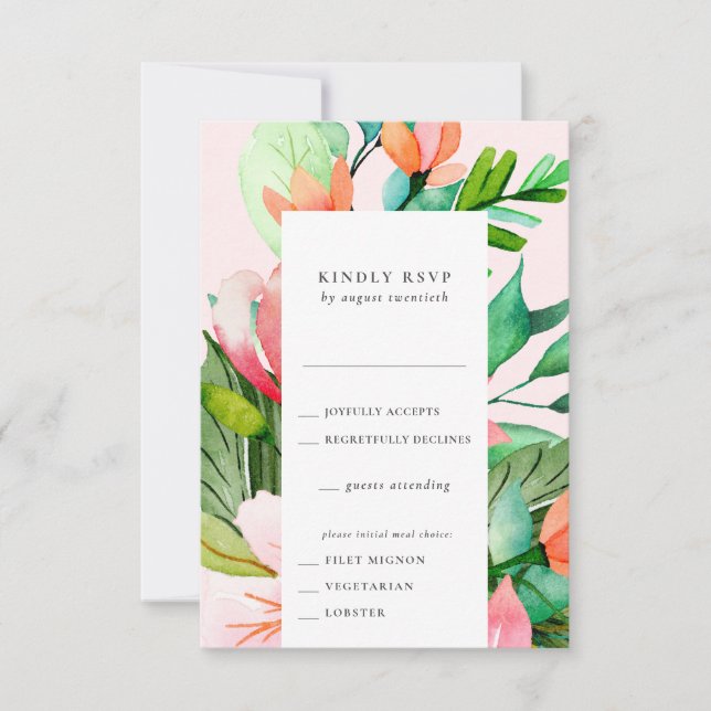 Tropical Flowers RSVP Card with Meal Choice (Front)