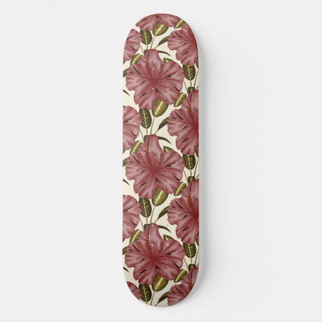 Tropical flowers seamless pattern | red flowers skateboard (Front)