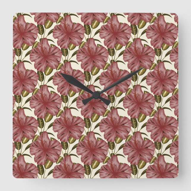 Tropical flowers seamless pattern | red flowers square wall clock (Front)