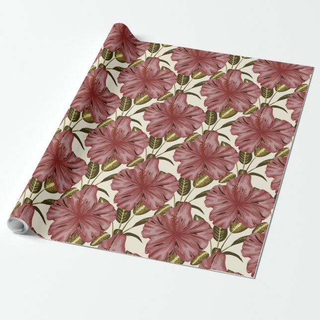 Tropical flowers seamless pattern | red flowers wrapping paper (Unrolled)