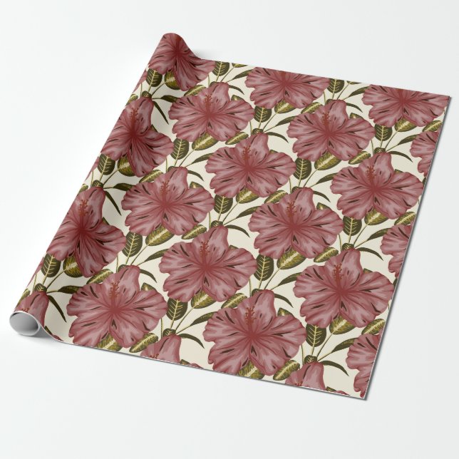 Tropical flowers seamless pattern | red flowers wrapping paper (Unrolled)