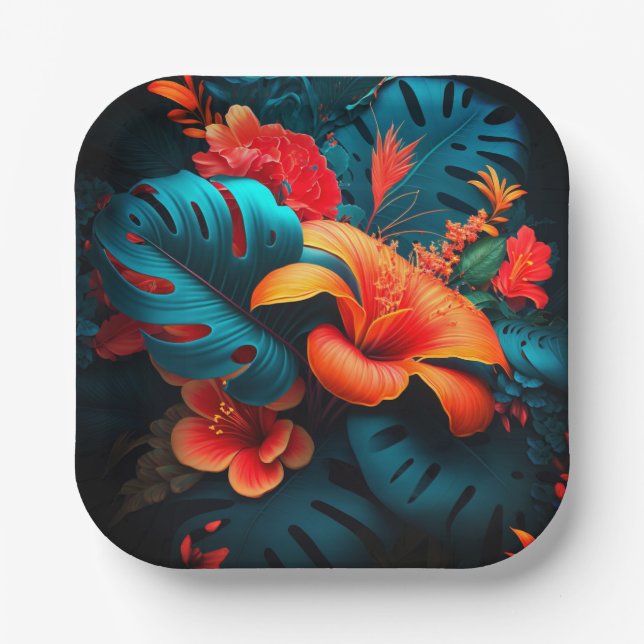 Tropical Flowers Square Paper Plate (Front)