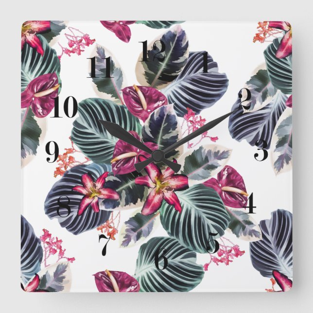 Tropical flowers square wall clock (Front)