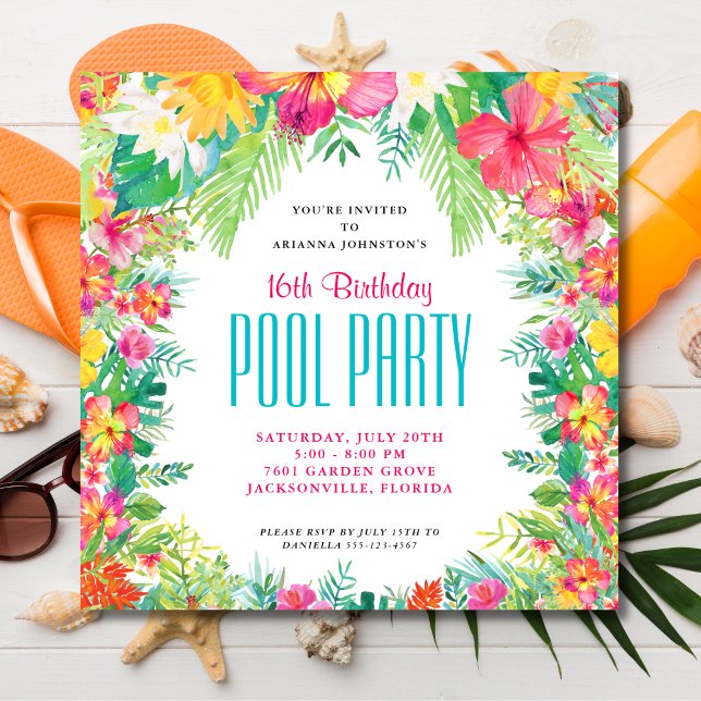 Tropical Flowers Swimming Pool Party Birthday Invitation (Creator Uploaded)