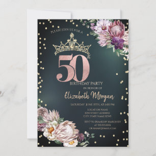Tropical Flowers Tiara Diamonds Green 50th Invitation