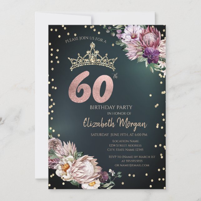 Tropical Flowers Tiara Diamonds Green 60th Invitation (Front)