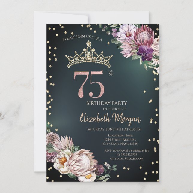 Tropical Flowers Tiara Diamonds Green 75th Invitation (Front)