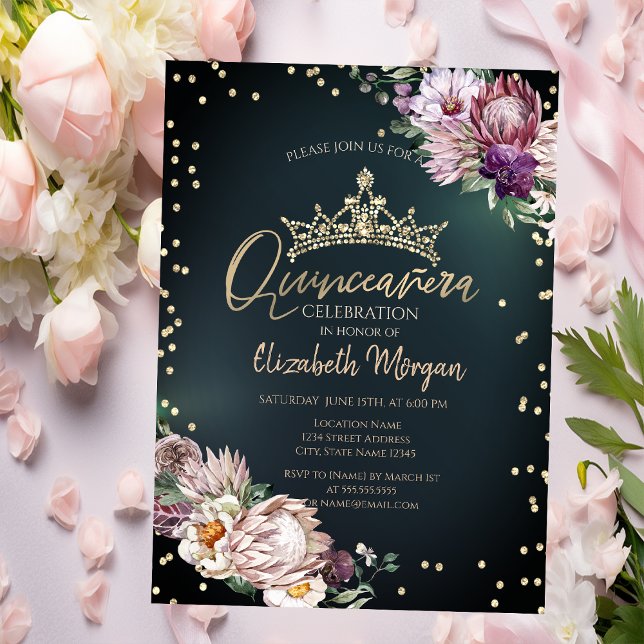 Tropical Flowers Tiara Diamonds Green Quinceañera Invitation (Creator Uploaded)