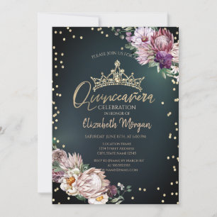 Tropical Flowers Tiara Diamonds Green Quinceañera Invitation