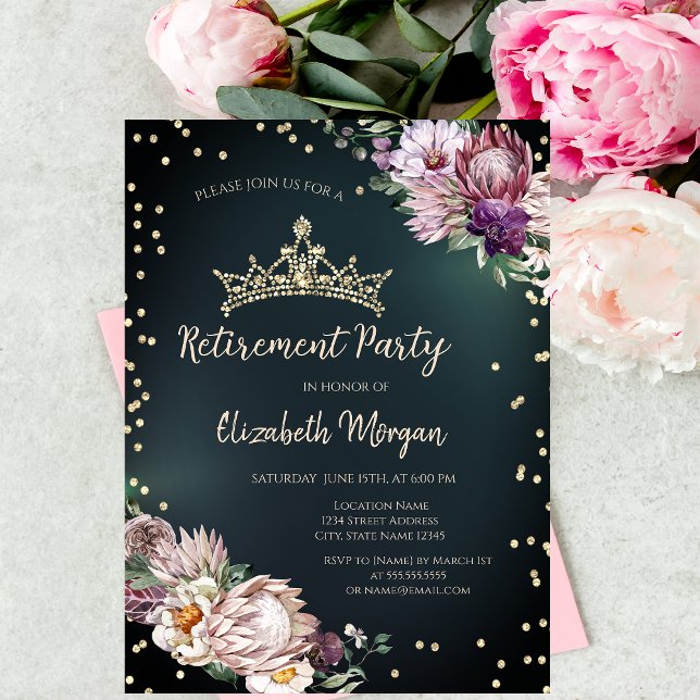 Tropical Flowers Tiara Diamonds Green Retirement Invitation (Creator Uploaded)