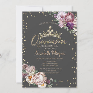 Tropical Flowers Tiara Diamonds Grey Quinceañera Invitation