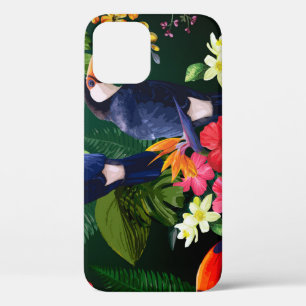 Tropical flowers, toucan: floral background. iPhone 12 case