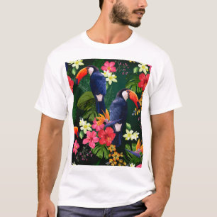 Tropical flowers, toucan: floral background. T-Shirt