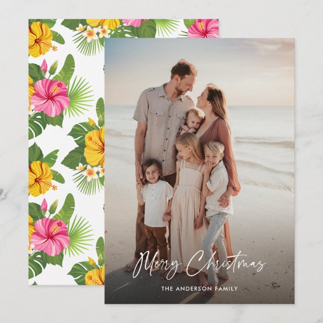 Tropical Flowers Vacation Photo Merry Christmas Holiday Card (Front/Back)