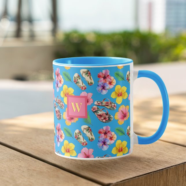Tropical Flowers w FlipFlops Pink Monogram on Blue Mug (Creator Uploaded)