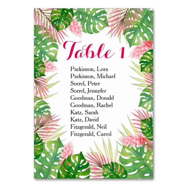 Tropical flowers watercolor wedding table card (Back)