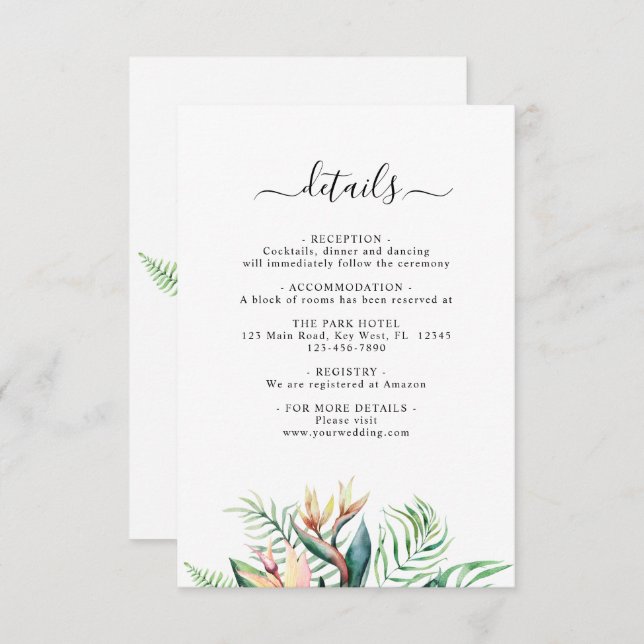 Tropical Flowers Wedding Details Enclosure Card (Front/Back)