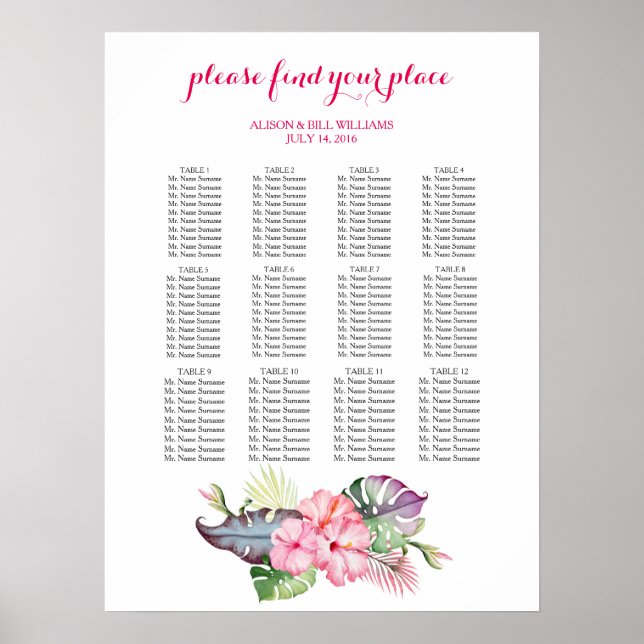 Tropical flowers wedding dinner seating chart (Front)