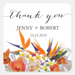 Tropical Flowers Wedding Favour Business Thank You Square Sticker