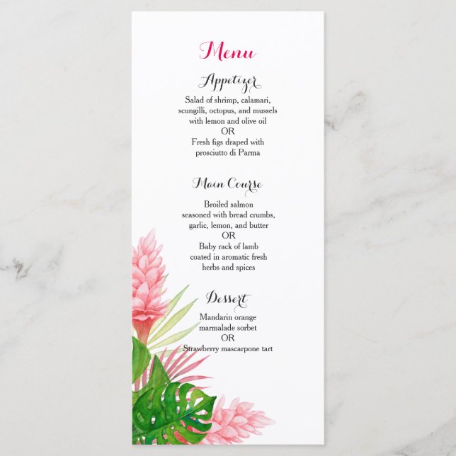 Tropical flowers wedding reception dinner menu (Front)