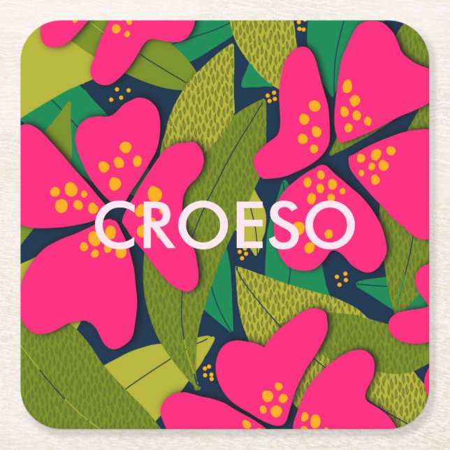 Tropical Flowers Welsh Welcome Square Paper Coaster (Front)