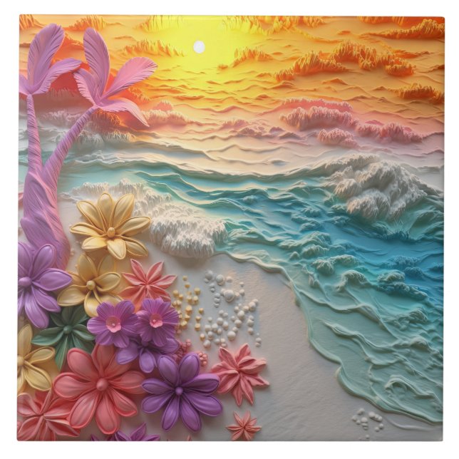 Tropical Flowers with Beach Sunset Tile (Front)