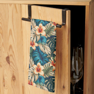 Tropical Flowers with Blue and Green Foliage Tea Towel