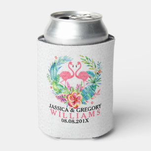 Tropical Flowers Wreath & Flamingos Can Cooler