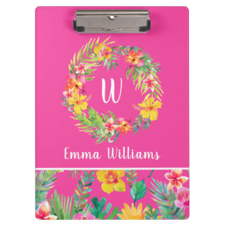 Tropical Flowers Wreath Fuchsia Pink Monogram Clipboard