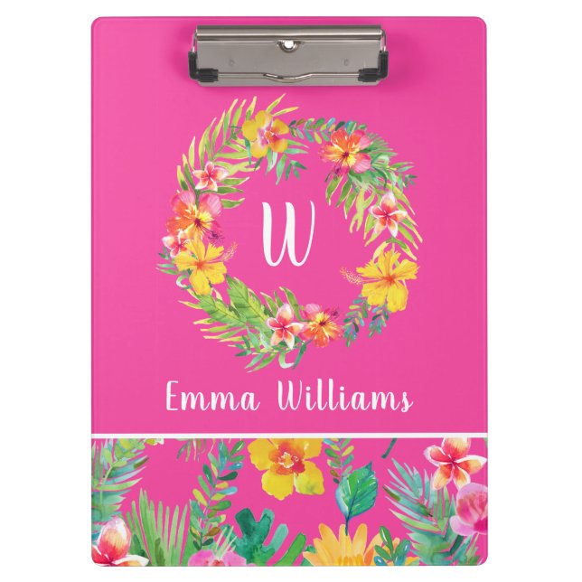 Tropical Flowers Wreath Fuchsia Pink Monogram Clipboard (Front)
