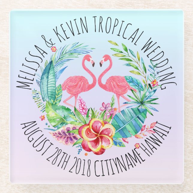Tropical Flowers Wreath & Pink Flamingos Glass Coaster (Front)
