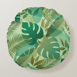 Tropical Foliage Airy Green Leaves Round Cushion