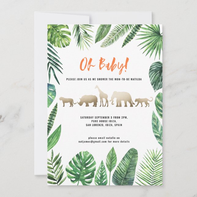 Tropical foliage and gold animals baby shower (Front)