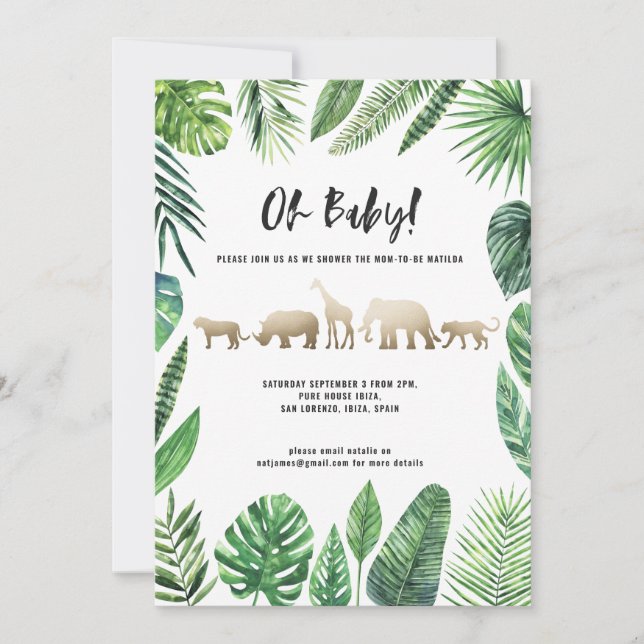 Tropical foliage and gold animals baby shower (Front)