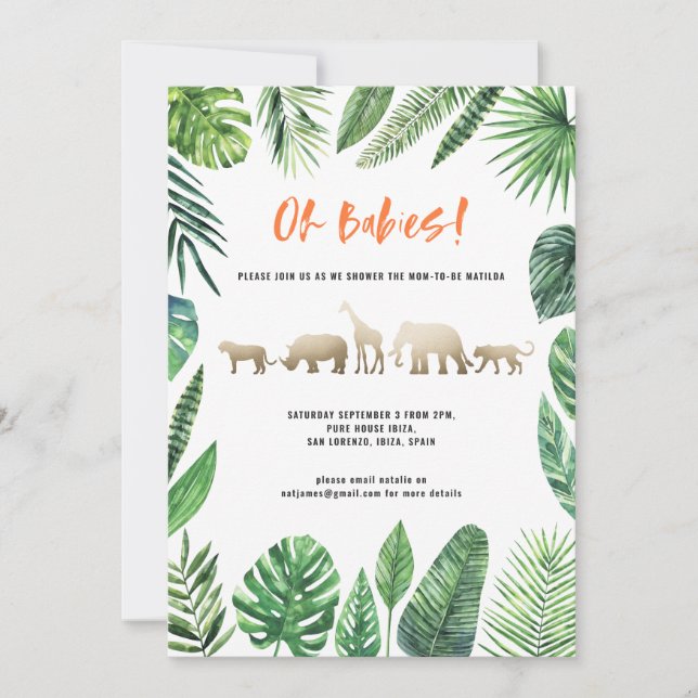 Tropical foliage and gold animals twin baby shower (Front)