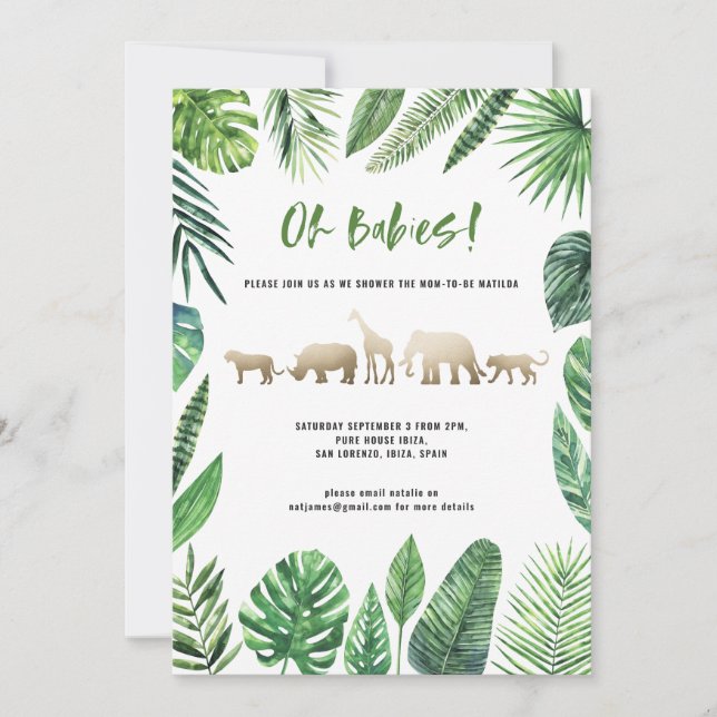 Tropical foliage and gold animals twin baby shower (Front)