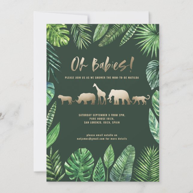 Tropical foliage and gold animals twin baby shower (Front)